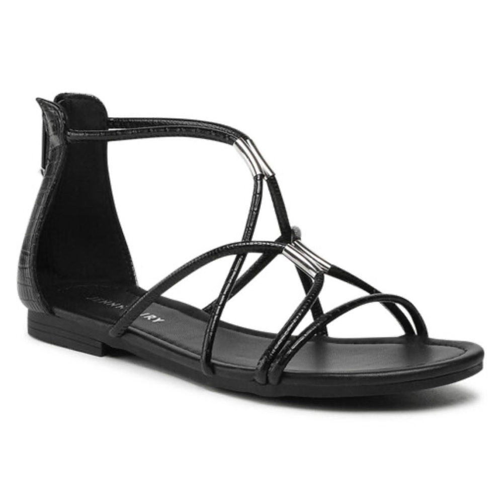 NWOT JENNY FAIRY black embossed Greek strappy sandals, size 38